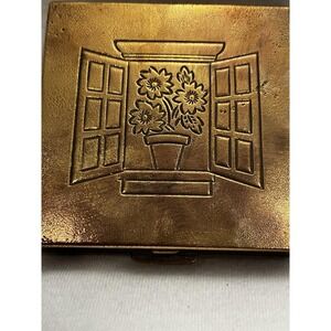 VTG Brass Art Deco Embossed Flower Pot Window Compact Purse Mirror Square